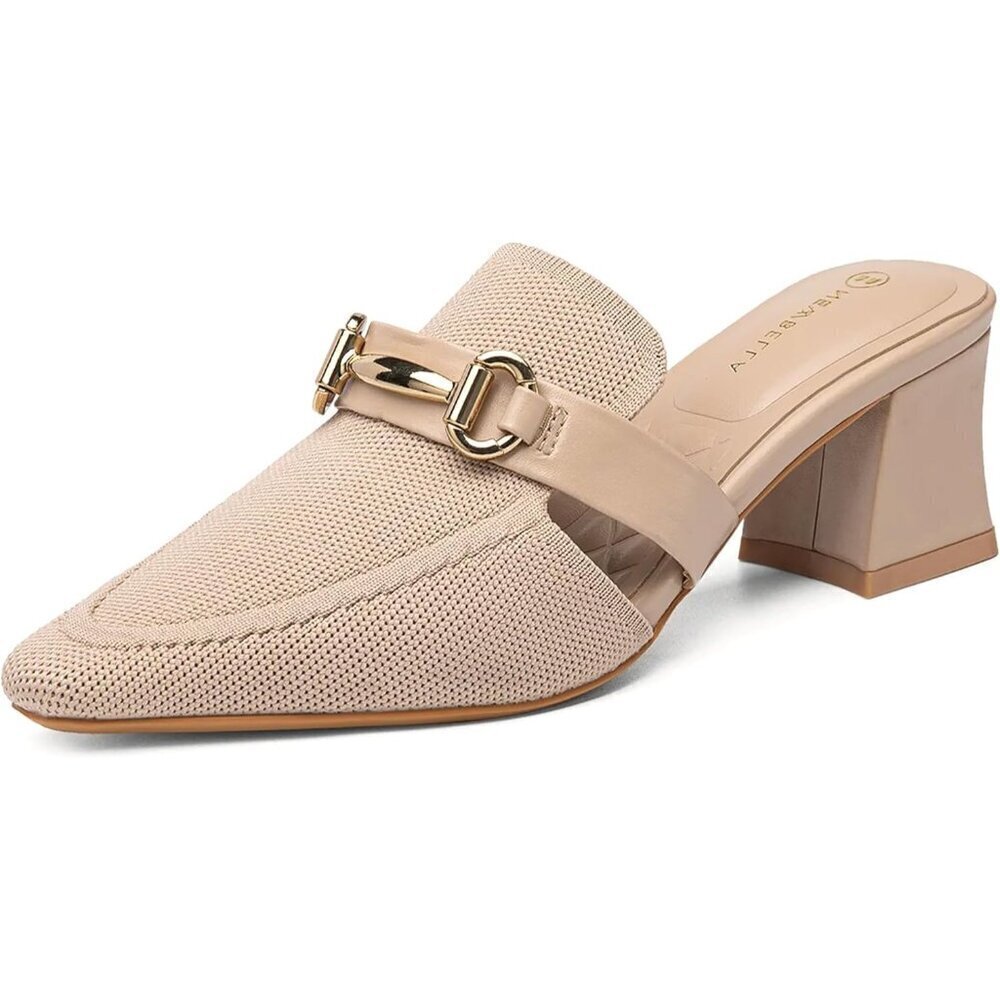 Mousse Fit Women Mules Knit Slip On Block Heel Sandals Pointed Toe Casual Shoes